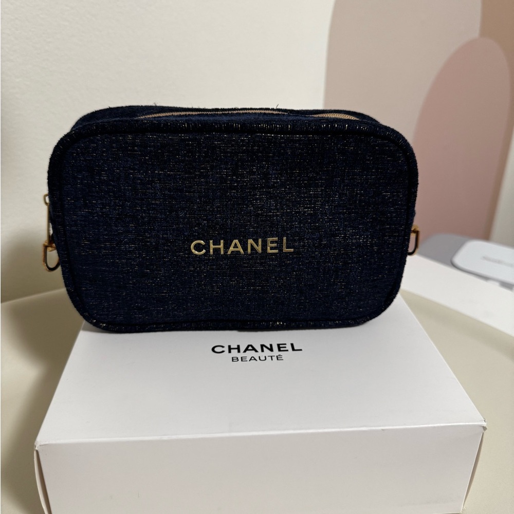 Chanel Midnight Blue Cosmetic Bag with Gold Details